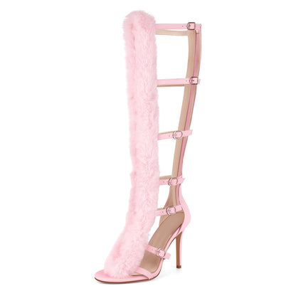 Fur Buckle Strap Hollow Boots Sandals - Onlymaker Essential