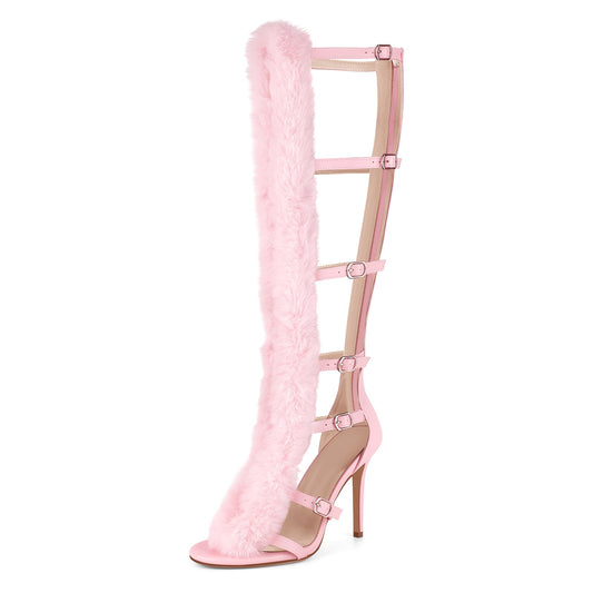 Fur Buckle Strap Hollow Boots Sandals - Onlymaker Essential