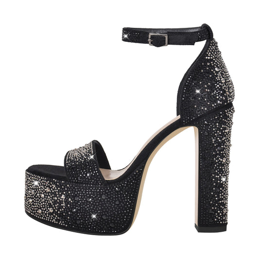 Rhinestone Round Toe Platform Ankle Strap Sandals - Onlymaker Classic
