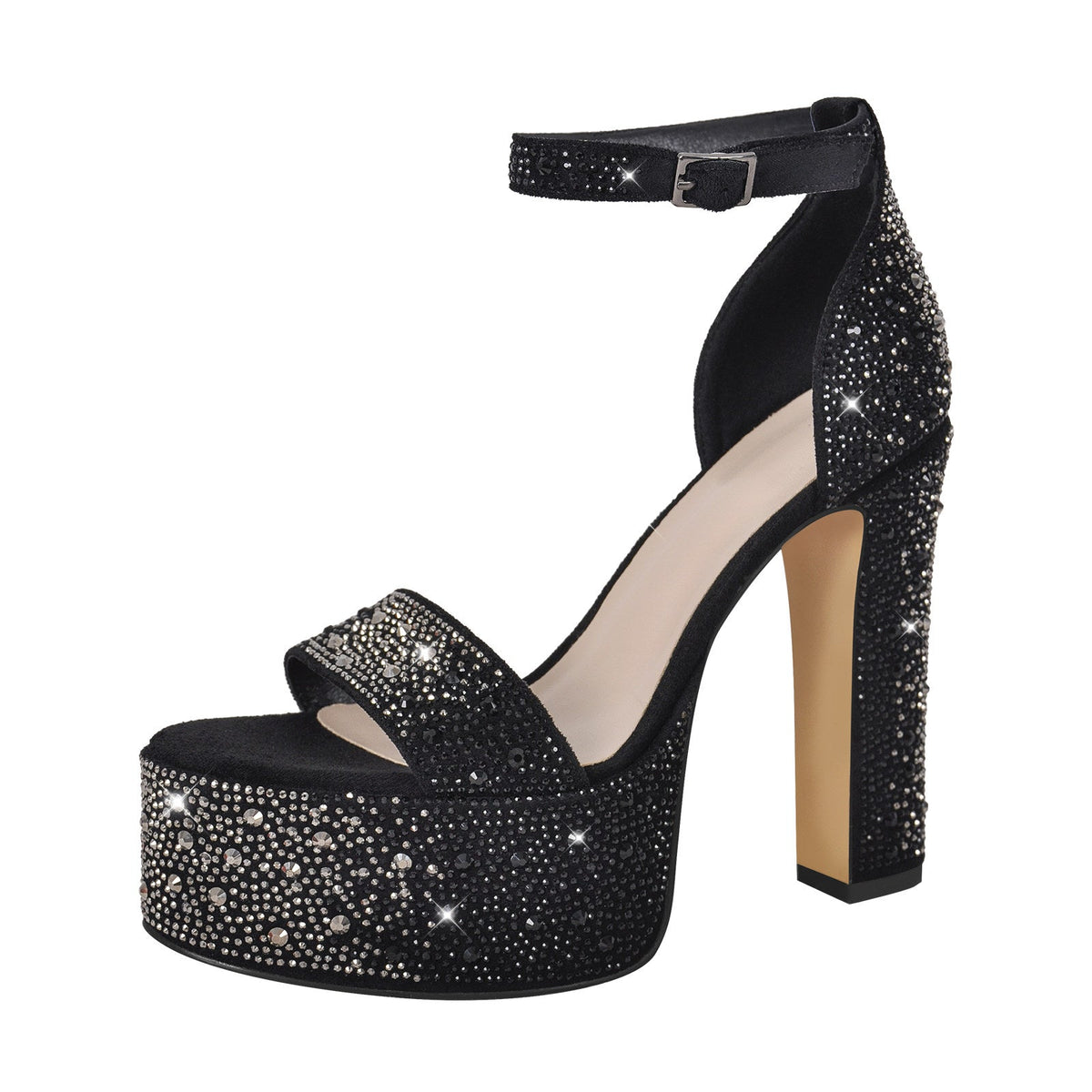 Rhinestone Round Toe Platform Ankle Strap Sandals - Onlymaker Classic