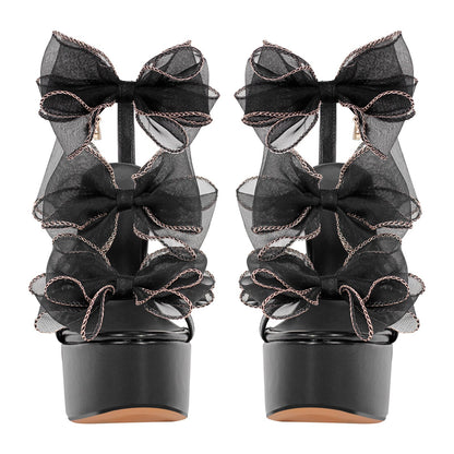 Black Bow Ankle Strap Chunky Heel Platform Sandals - Onlymaker Popular