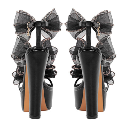 Black Bow Ankle Strap Chunky Heel Platform Sandals - Onlymaker Popular