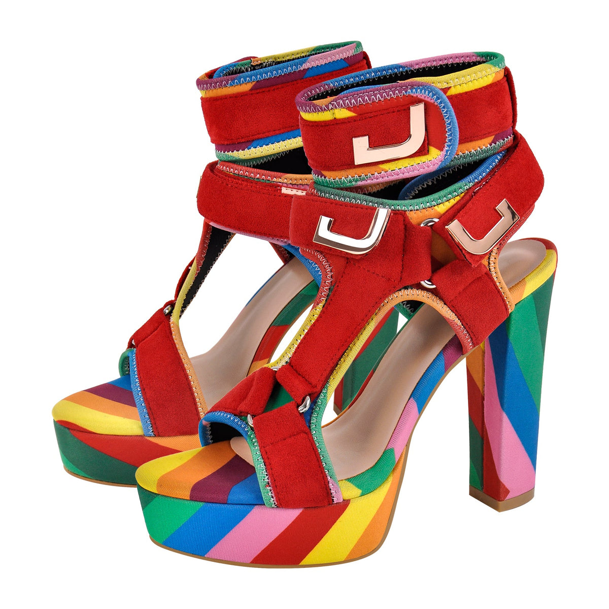 Canvas Rainbow Ankle Strap Chunky Heel Sandals - Onlymaker Customer Favorite