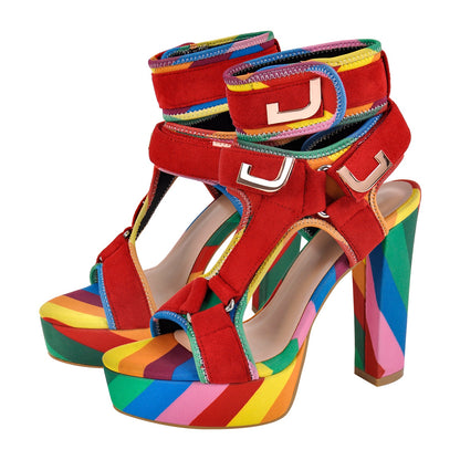 Canvas Rainbow Ankle Strap Chunky Heel Sandals - Onlymaker Customer Favorite