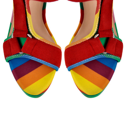 Canvas Rainbow Ankle Strap Chunky Heel Sandals - Onlymaker Customer Favorite