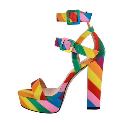 Rainbow Buckle Strap Chunky Heel Sandals - Onlymaker Customer Favorite