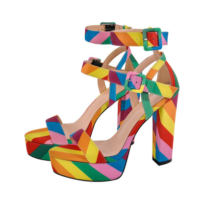 Rainbow Buckle Strap Chunky Heel Sandals - Onlymaker Customer Favorite