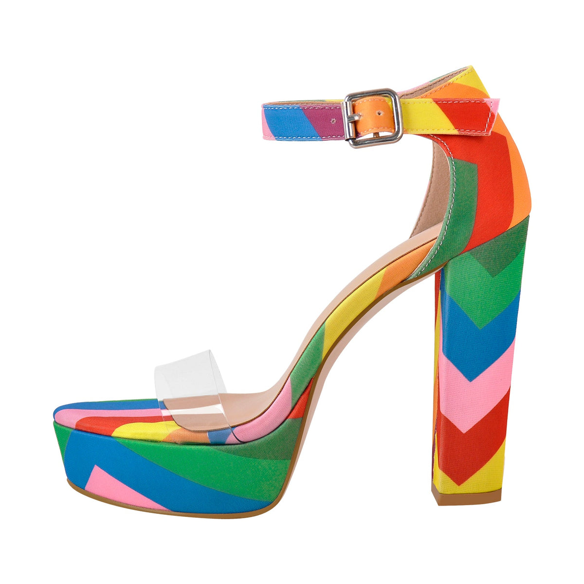 Rainbow Platform Chunky Heel Clear Ankle Strap Sandals - Onlymaker Best Seller