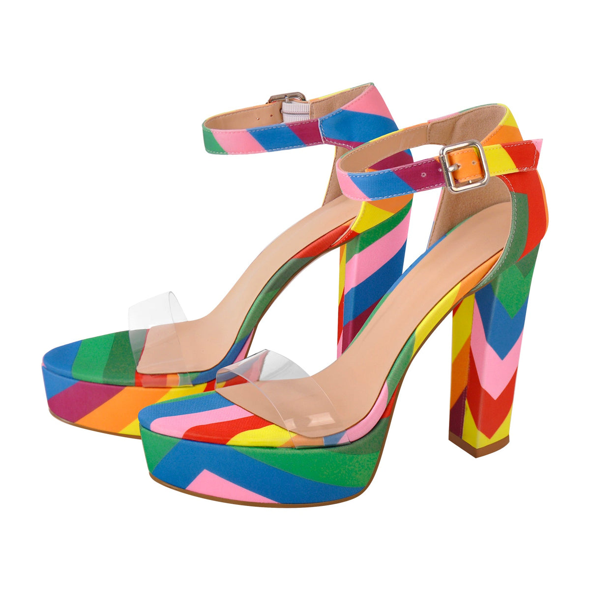 Rainbow Platform Chunky Heel Clear Ankle Strap Sandals - Onlymaker Best Seller