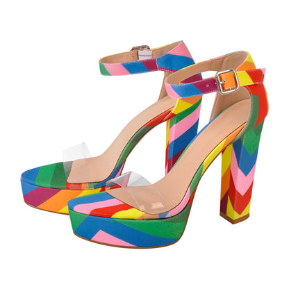 Rainbow Platform Chunky Heel Clear Ankle Strap Sandals - Onlymaker Best Seller