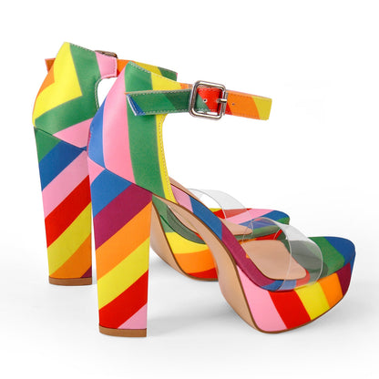 Rainbow Platform Chunky Heel Clear Ankle Strap Sandals - Onlymaker Best Seller