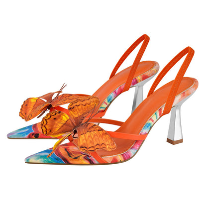Butterfly Pointed Toe Slingback Kitten Heel Sandals - Onlymaker Great Value