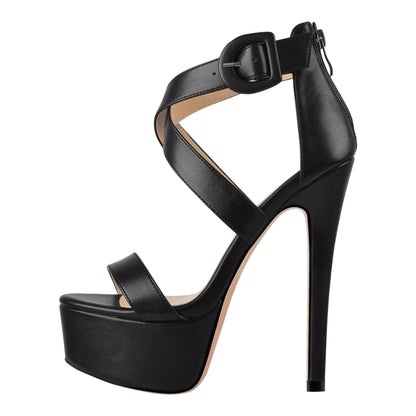 Round Toe Platform Buckle Ankle Strap Stiletto Sandals - Onlymaker Smart Buy