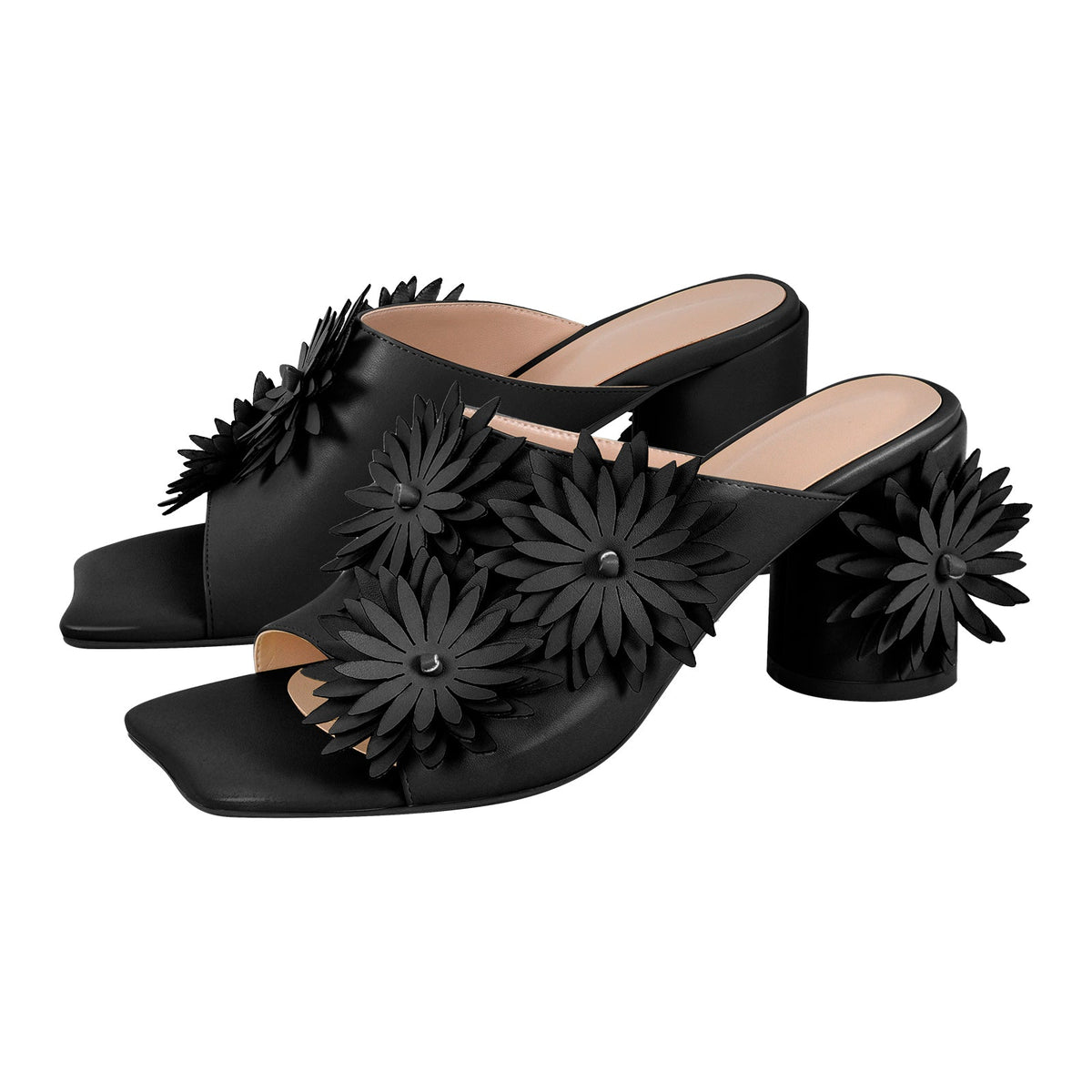 Square Toe Flower Chunky Heel Mules - Onlymaker Premium