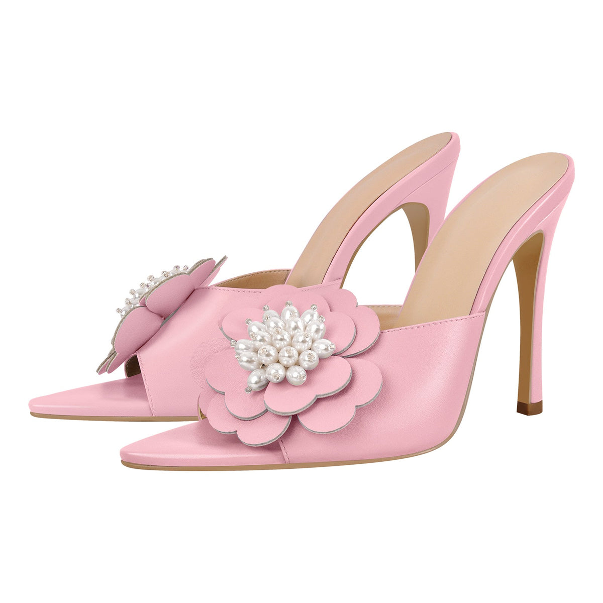 Pearl Flower Pointed Toe Stiletto Mules - Onlymaker Featured
