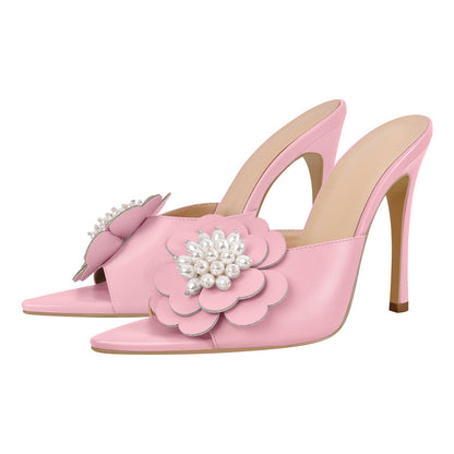 Pearl Flower Pointed Toe Stiletto Mules - Onlymaker Featured