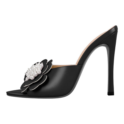 Pearl Flower Pointed Toe Stiletto Mules - Onlymaker Featured