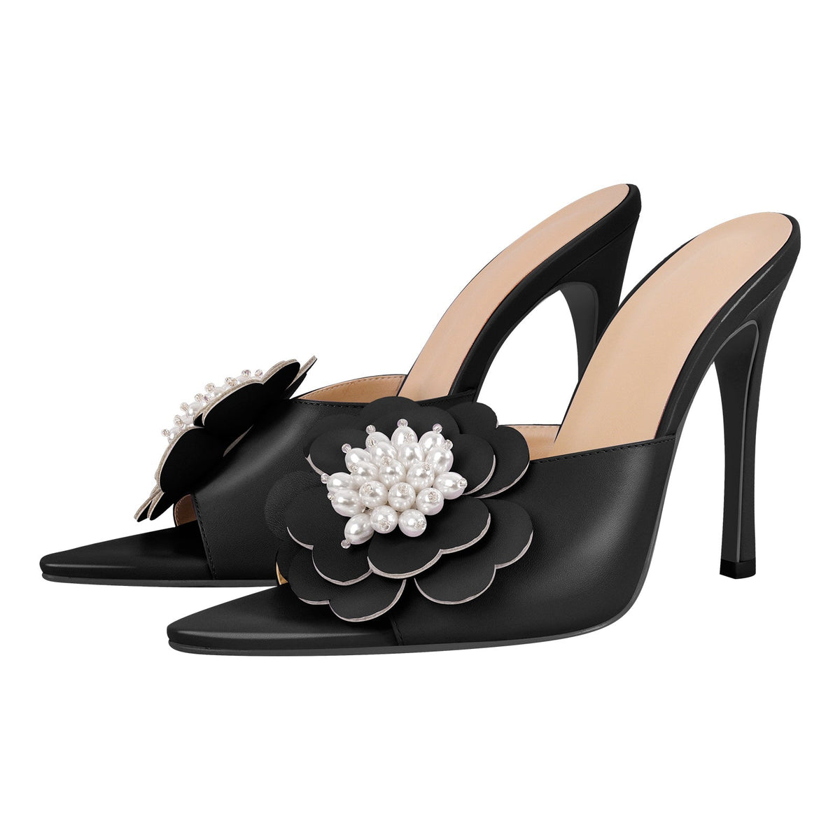 Pearl Flower Pointed Toe Stiletto Mules - Onlymaker Featured