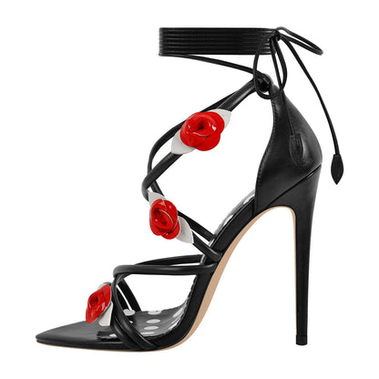 Pointed Toe Gladiator Flower Lace-up Stiletto Sandals - Onlymaker Classic