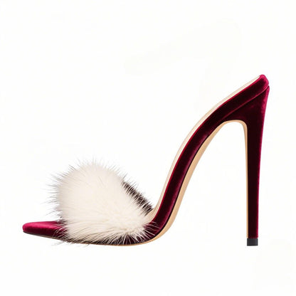 White Fur Velvet High Heel Mules - Onlymaker Recommended