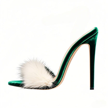 White Fur Velvet High Heel Mules - Onlymaker Recommended