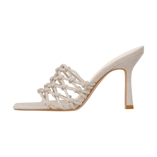 Linen Weave Sandals Square Open Toe High Heel Mules - Onlymaker Customer Favorite