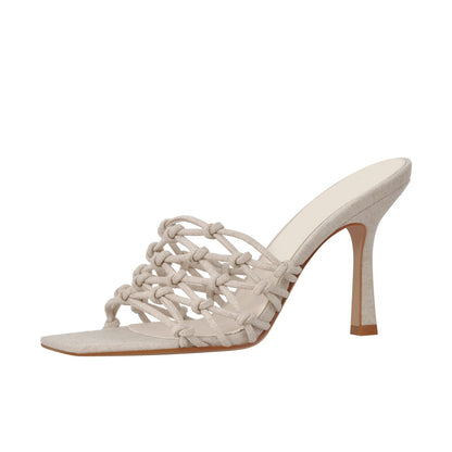 Linen Weave Sandals Square Open Toe High Heel Mules - Onlymaker Customer Favorite