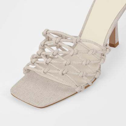 Linen Weave Sandals Square Open Toe High Heel Mules - Onlymaker Customer Favorite