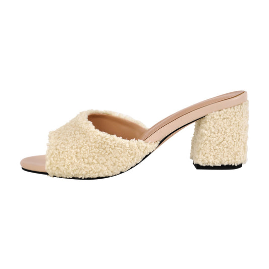 Round Toe Chunky Heel Fur Sandals Mules - Onlymaker Sale