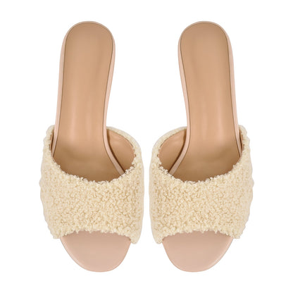 Round Toe Chunky Heel Fur Sandals Mules - Onlymaker Sale