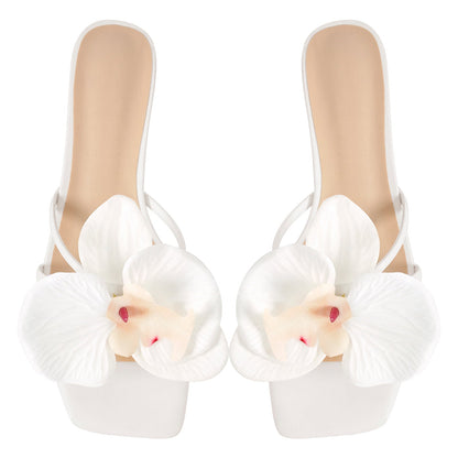 Flower Square Toe Chunky Heel Sandals Mules - Onlymaker Exclusive