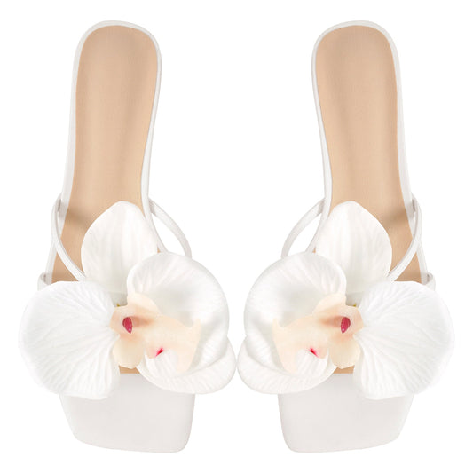 Flower Square Toe Chunky Heel Sandals Mules - Onlymaker Exclusive