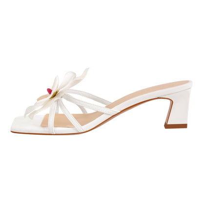 Flower Square Toe Chunky Heel Sandals Mules - Onlymaker Exclusive