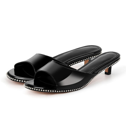 Round Toe Rivet Kitten Heel Mules - Onlymaker Customer Favorite