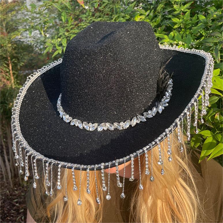 Black Fringe Rhinestone Cowboy Hat - Onlymaker Special Offer