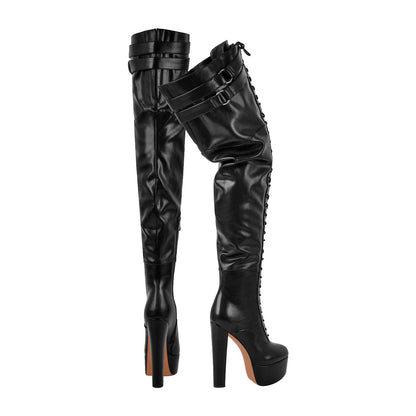 Platform Chunky Heel Lace-up Over The Knee Boots - Onlymaker Featured