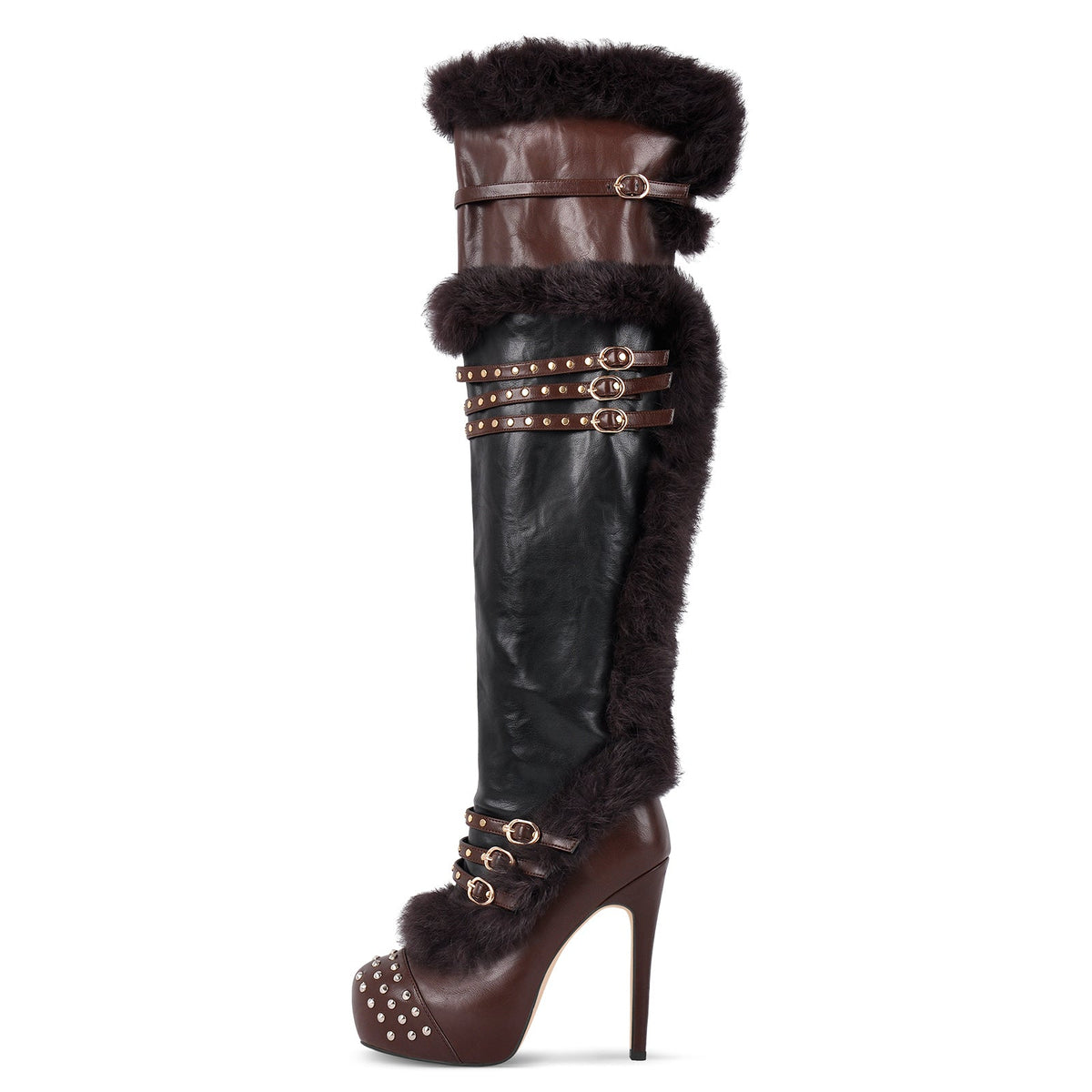 Platform Fur Rivet Buckle Thigh High Boots - Onlymaker Essential