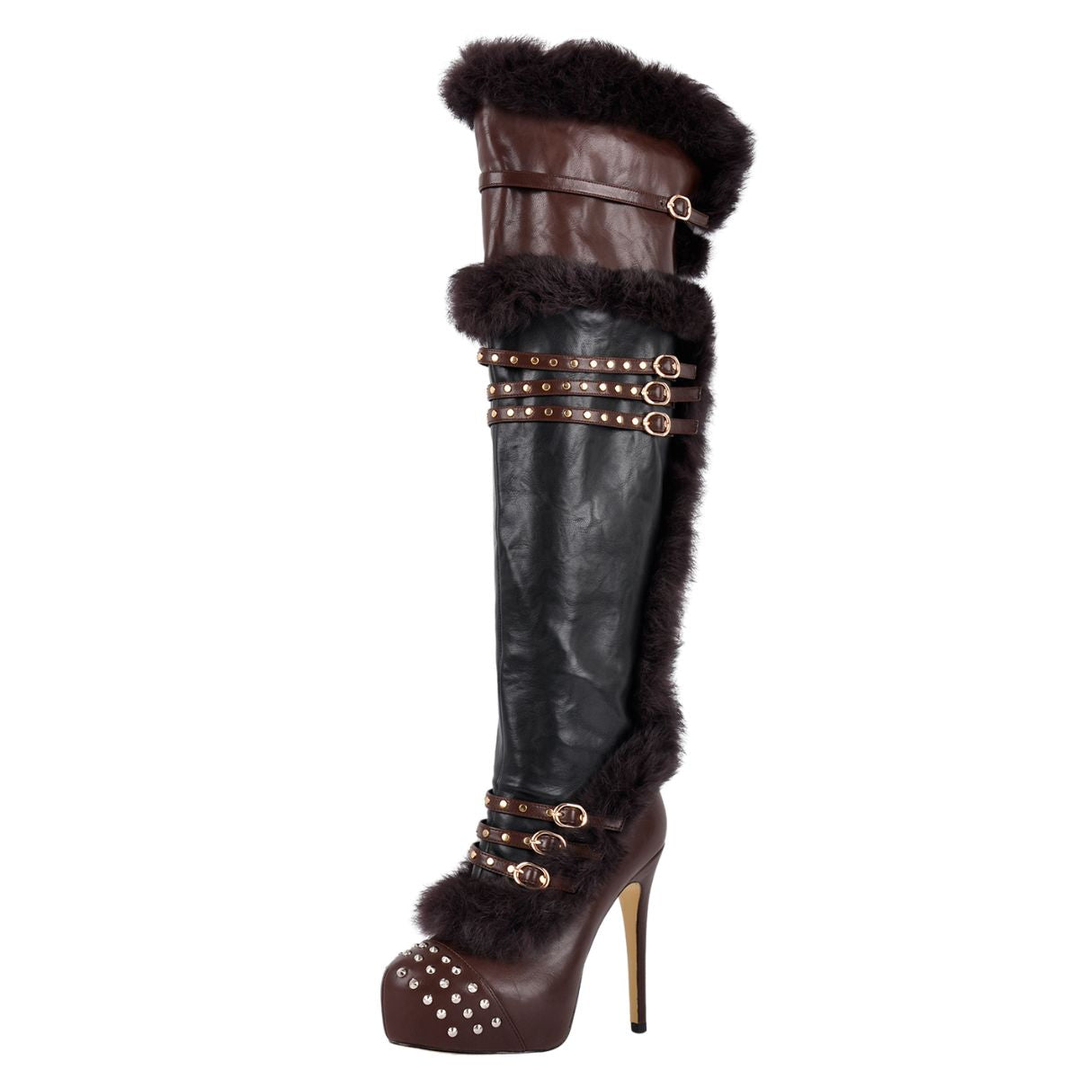 Platform Fur Rivet Buckle Thigh High Boots - Onlymaker Essential