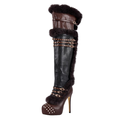 Platform Fur Rivet Buckle Thigh High Boots - Onlymaker Essential