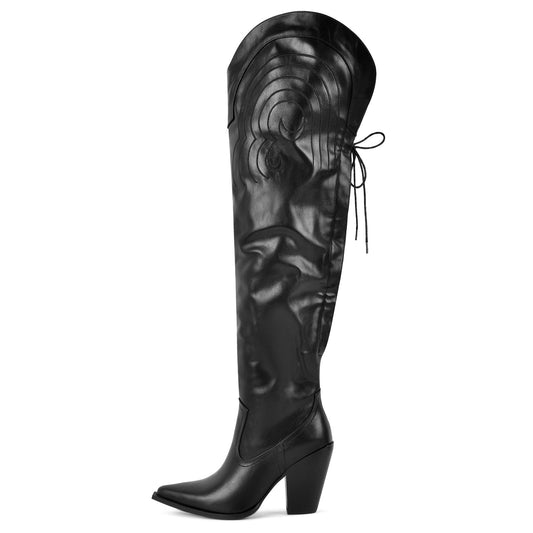 Pointed Toe Back Lace-up Thigh High Western Boots - Onlymaker Customer Favorite