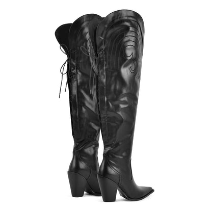 Pointed Toe Back Lace-up Thigh High Western Boots - Onlymaker Customer Favorite