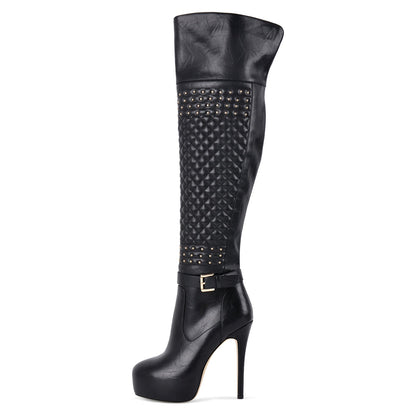 Platform Rivet Buckle Strap Thigh High Boots - Onlymaker Essential