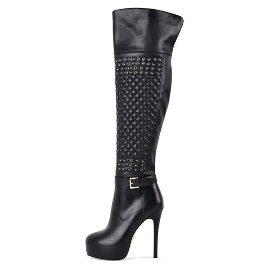 Platform Rivet Buckle Strap Thigh High Boots - Onlymaker Essential