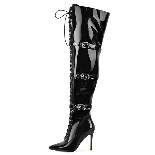 Pointed Toe Buckle Strap Lace-up Thigh High Boots - Onlymaker Everyday