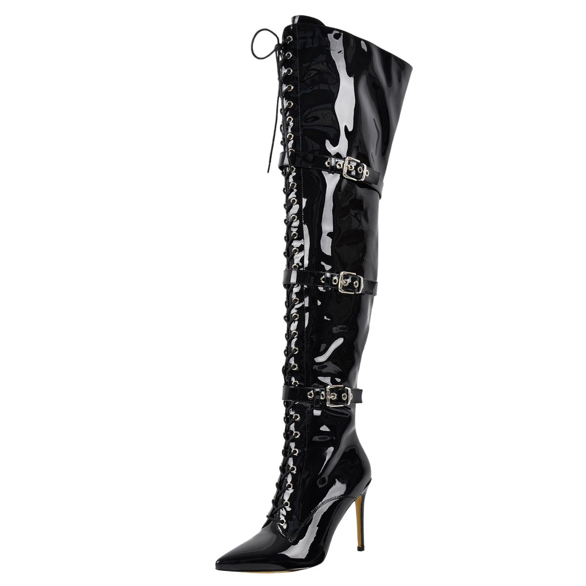Pointed Toe Buckle Strap Lace-up Thigh High Boots - Onlymaker Everyday