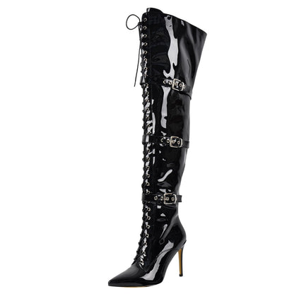 Pointed Toe Buckle Strap Lace-up Thigh High Boots - Onlymaker Everyday