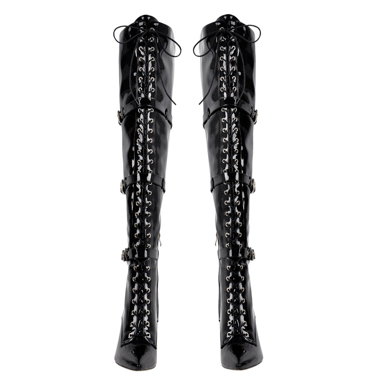 Pointed Toe Buckle Strap Lace-up Thigh High Boots - Onlymaker Everyday
