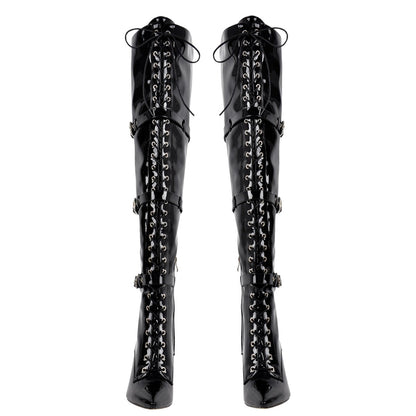 Pointed Toe Buckle Strap Lace-up Thigh High Boots - Onlymaker Everyday