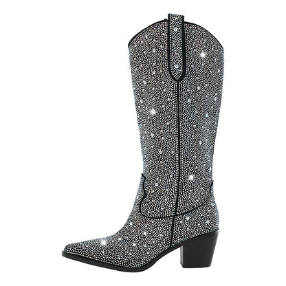 Rhinestone Pointed Toe Knee High Western Boots - Onlymaker Essential
