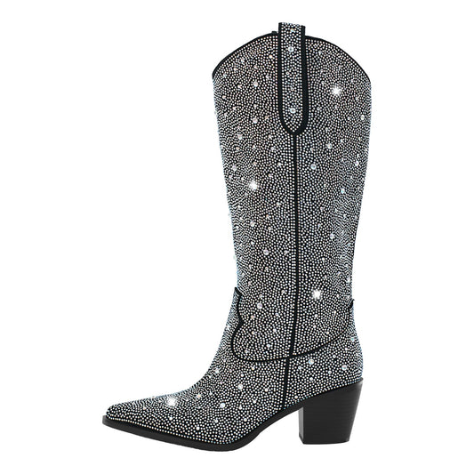 Rhinestone Pointed Toe Knee High Western Boots - Onlymaker Essential
